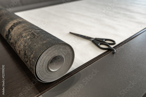 Εκτύπωση καμβά Cutting wallpaper before sticking it to the wall, scissors, measuring tape and p
