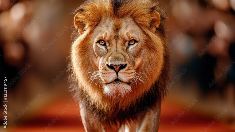 Fototapeta premium A confident lion strides purposefully along a vibrant red carpet, making a bold statement that emphasizes its leadership, strength, and majestic nature in a dramatic pose.
