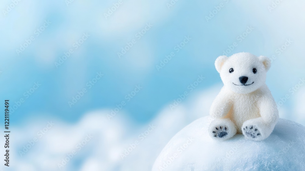 Cute polar bear plush toy on snowy background, winter theme Cute polar bear plush toy on snowy background, winter theme