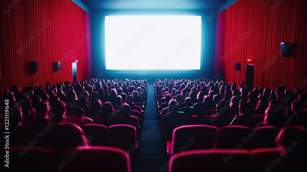People in dimly lit theater watching movie screen People in dimly lit theater watching movie screen