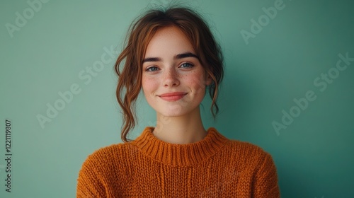 Young woman smiling wearing an orange sweater