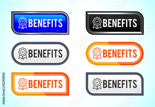 Benefits button set of different shapes and colors. Suitable for mobile app, and website UI design.