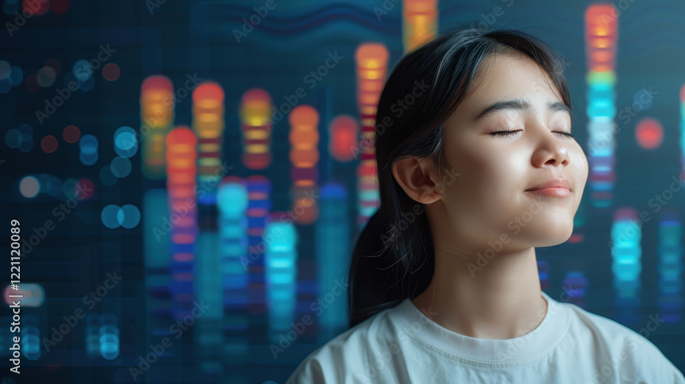 Obraz premium young woman with closed eyes is visualizing music, surrounded by colorful sound wave graphics. serene expression conveys deep connection to music