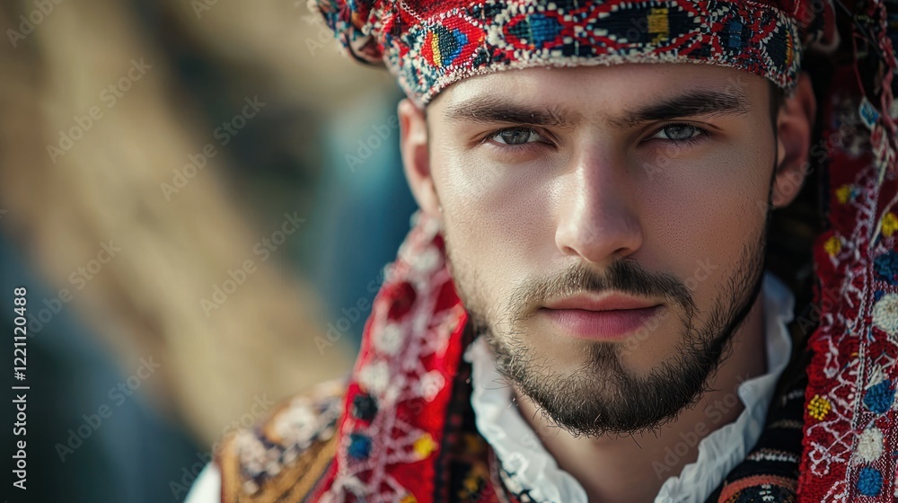 Fototapeta premium A man with distinct Slavic facial features wearing traditional folk attire.