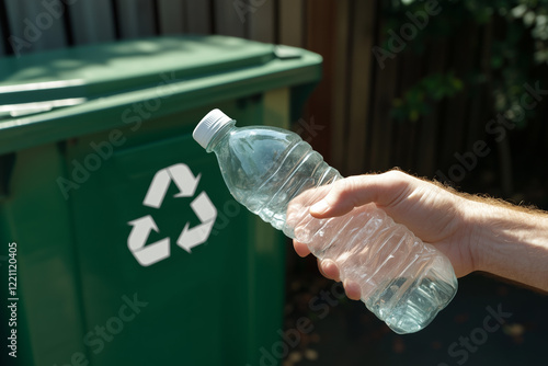 Wallpaper Mural Hand holding plastic bottle above green recycle logo bin container, ecology concept background. Torontodigital.ca