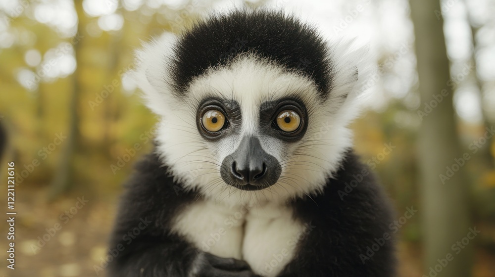 Fototapeta premium A Black And White Lemur Gazes Directly At The Camera