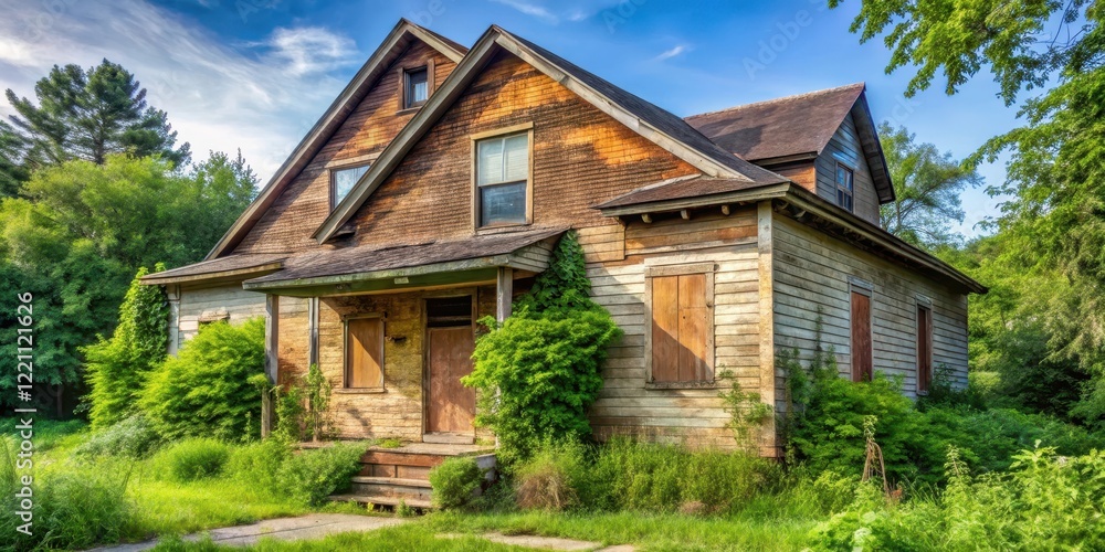 A boarded up home with a foreclosure sign and overgrown vegetation surrounding it, conveying a sense of abandonment and decay , vacant property, decay A boarded up home with a foreclosure sign and overgrown vegetation surrounding it, conveying a sense of abandonment and decay , vacant property, decay