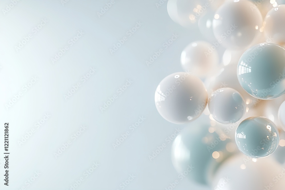 A cluster of glossy spheres in serene colors floats, creating a mesmerizing visual effect. The gentle interplay of light adds depth to their textures, evoking a sense of tranquility A cluster of glossy spheres in serene colors floats, creating a mesmerizing visual effect. The gentle interplay of light adds depth to their textures, evoking a sense of tranquility