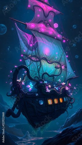 A monstrously mutated cosmic caravel, its hull covered in intertwining vines and pulsating bioluminescent blooms, sails billowing with ethereal light. This surreal depiction, imagined as a detailed di photo