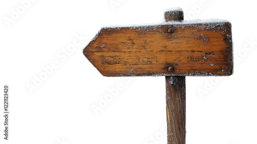 Directional Signpost in Winter: A weathered wooden signpost, dusted with snow, points left, suggesting a path or destination in a winter landscape. photo