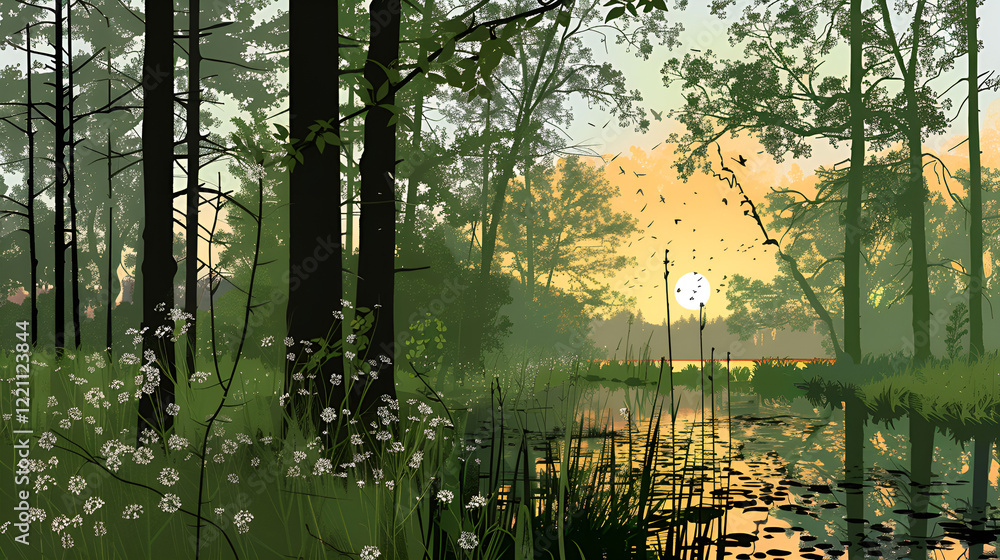 Fototapeta premium Beautiful landscape of a tranquil forest with a serene pond and sunrise reflection