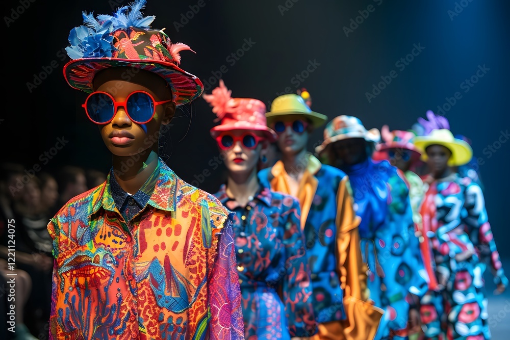 Obraz premium Illustration of Hip fashion show runway with freehand revival sketches of models, avant-garde outfits, energetic atmosphere Ai Generate. 
