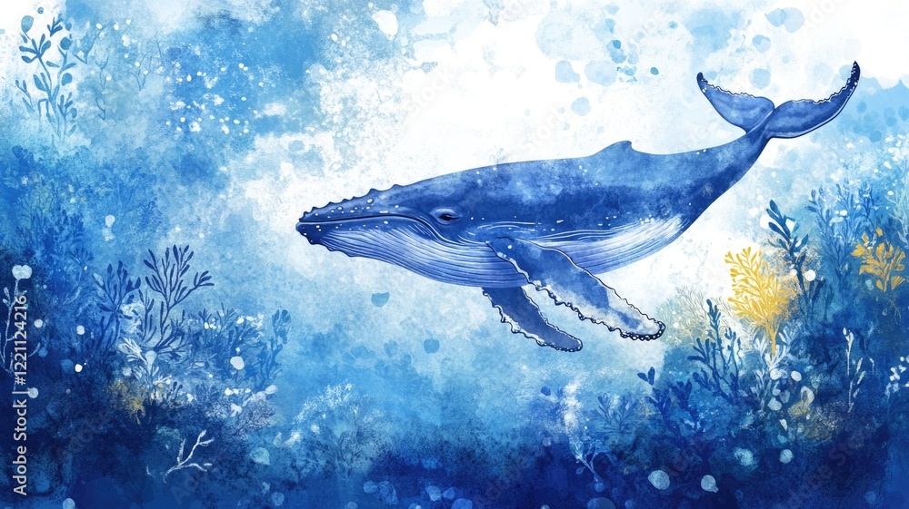 Εκτύπωση καμβά Artistic portrayal of whale underwater surrounded by blue ocean flora