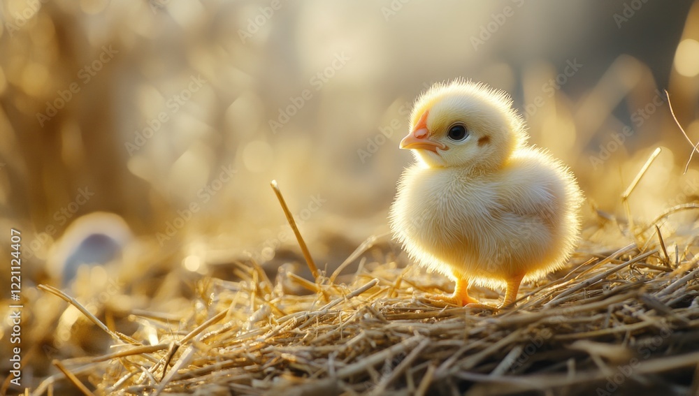 A group of fluffy chicks are scattered across a bed of straw on a farm. It is early morning, and the warm sunlight creates a gentle glow, highlighting their adorable features A group of fluffy chicks are scattered across a bed of straw on a farm. It is early morning, and the warm sunlight creates a gentle glow, highlighting their adorable features