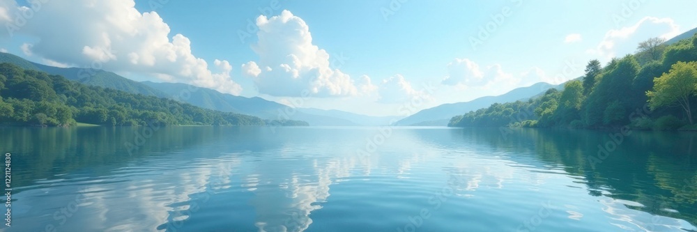 Gentle ripples on the lake's surface reflect serene sky with soft white clouds, peaceful, calm, nature Gentle ripples on the lake's surface reflect serene sky with soft white clouds, peaceful, calm, nature