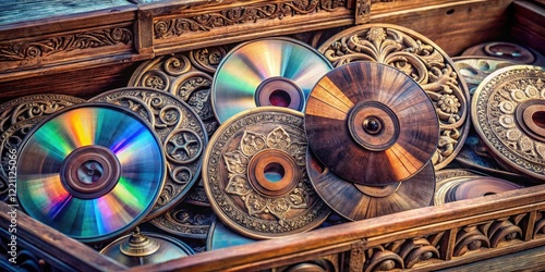 A collection of CDs stored in a wooden crate with ornate carvings and intricate designs, decorative, music, decorative,music photo