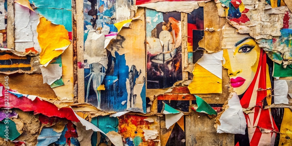 Fototapeta premium Vintage Torn Street Poster Collage Background Texture: Creased, Crumpled, Ripped Paper Backdrop
