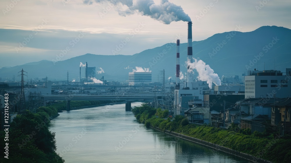Naklejka premium Industrial cityscape with smokestacks and river, illustrating pollution urban development