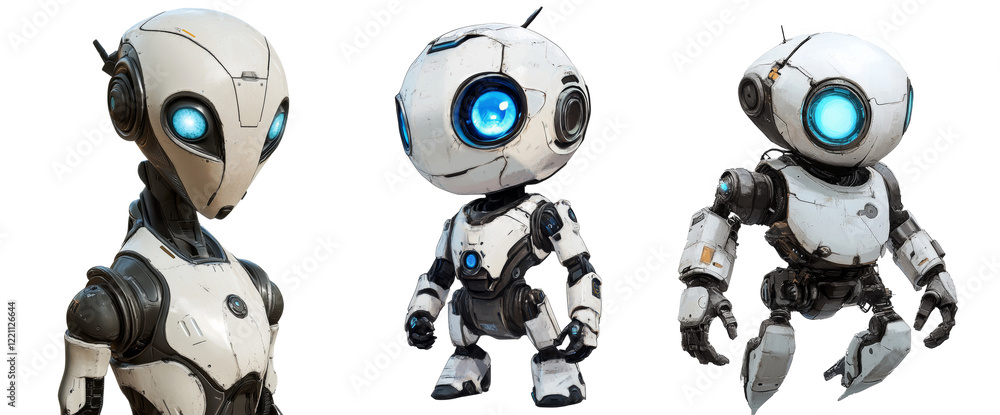 Three variations of a small white robot design are shown, each with glowing blue eyes and a distinct pose.