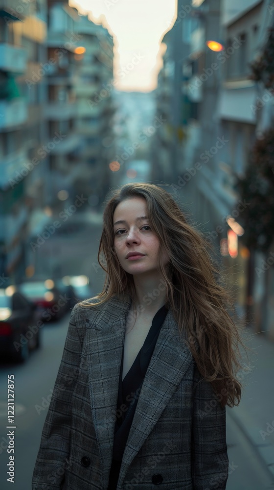 Fototapeta premium Young caucasian female in urban setting at dusk with long hair and plaid jacket