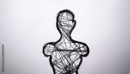 철선들이 서로 얽혀 형성된 인간 형상의 윤곽. 철선들이 복잡하게 얽히는 모습은 사람들 간의 관계와 갈등을 나타낸다