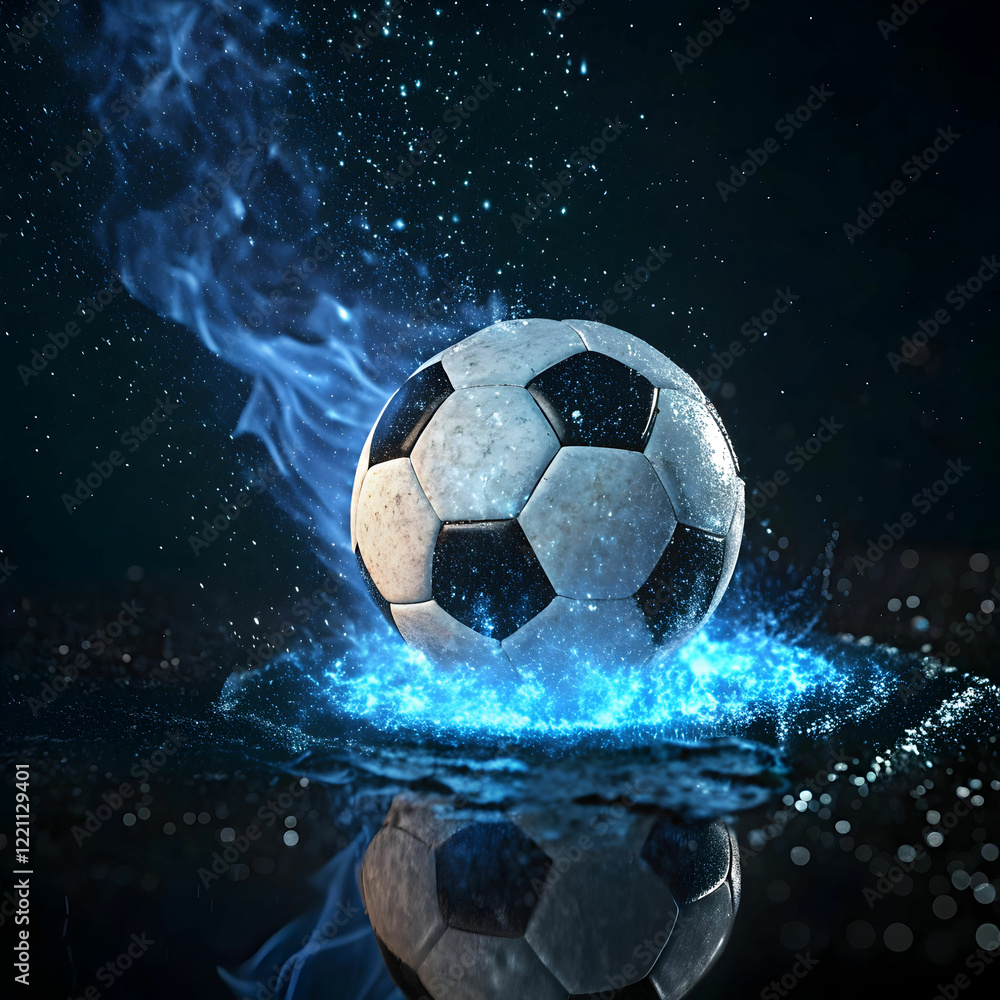 Naklejka premium soccer ball on blue fire rotating with reflection
