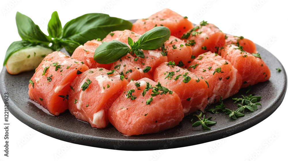 Freshly Cut Salmon: Raw salmon cubes seasoned and ready for cooking, garnished with fresh herbs, presented on a modern plate, capturing the freshness and culinary appeal. Freshly Cut Salmon: Raw salmon cubes seasoned and ready for cooking, garnished with fresh herbs, presented on a modern plate, capturing the freshness and culinary appeal.