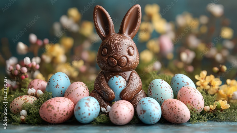 A festive Easter arrangement featuring a charming chocolate bunny and vibrant eggs on a textured backdrop A festive Easter arrangement featuring a charming chocolate bunny and vibrant eggs on a textured backdrop