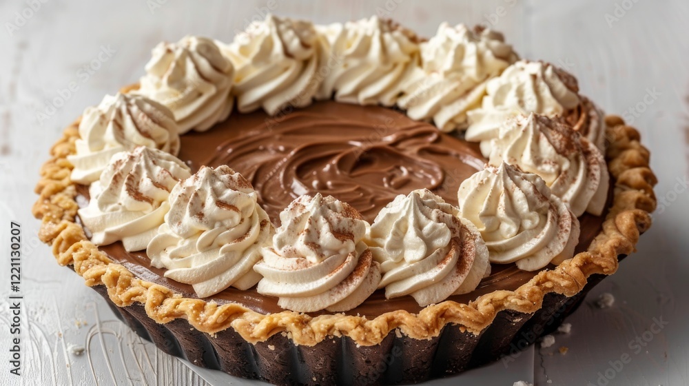 Close-up of a French silk pie with whipped cream. A French savory pie in top view. Close-up of a French silk pie with whipped cream. A French savory pie in top view.