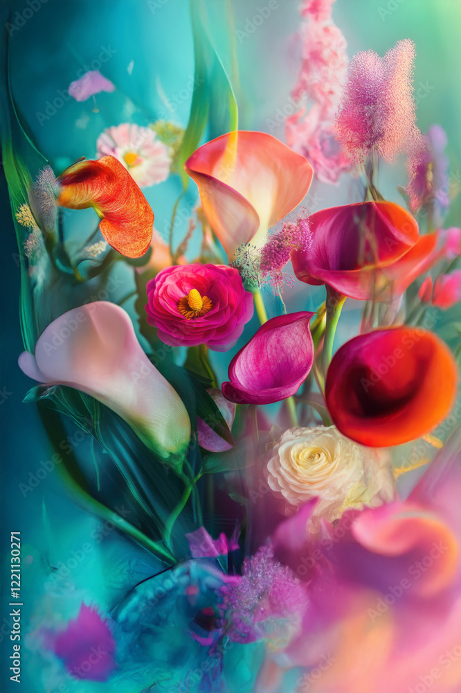Obraz premium A dreamy composition of assorted flowers with soft colors surrounded by a gentle blur, evoking tranquility and beauty, suitable for serene and aesthetic contexts.