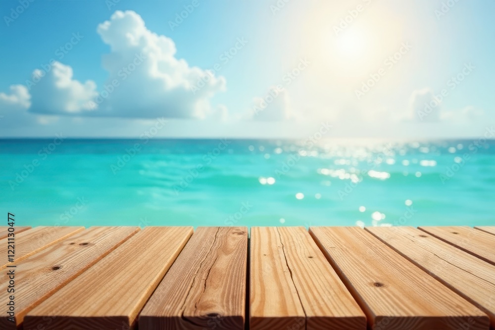 Warm brown wood grain on blurred sparkling azure sea and sunny sky background, water, texture, azure Warm brown wood grain on blurred sparkling azure sea and sunny sky background, water, texture, azure