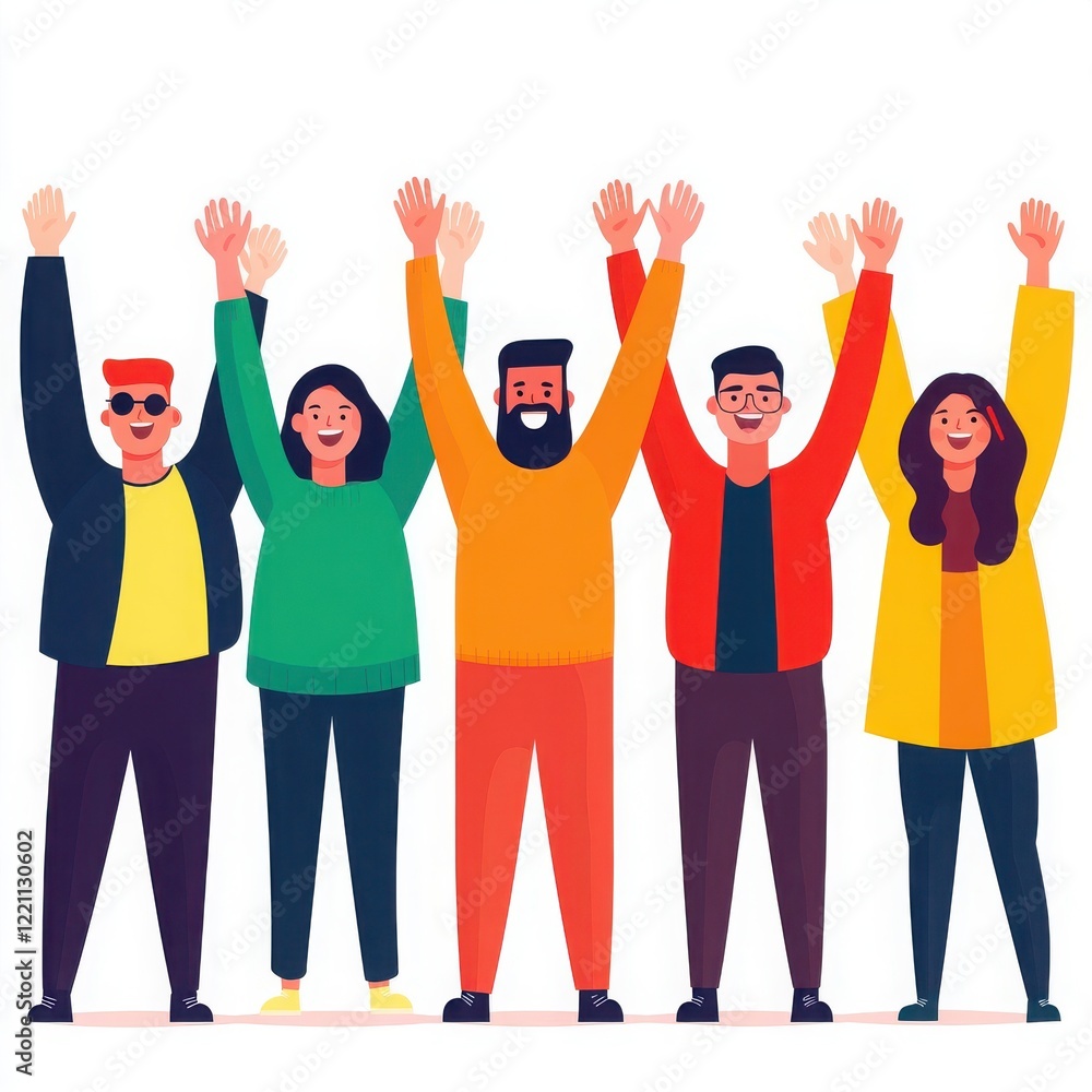 Fototapeta premium A diverse group of cheerful individuals celebrating together with raised hands, showcasing joy and unity in a vibrant illustration.