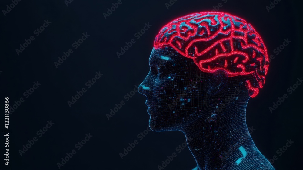 Obraz premium A futuristic representation of a human silhouette with a glowing brain, symbolizing mental processes and technology.