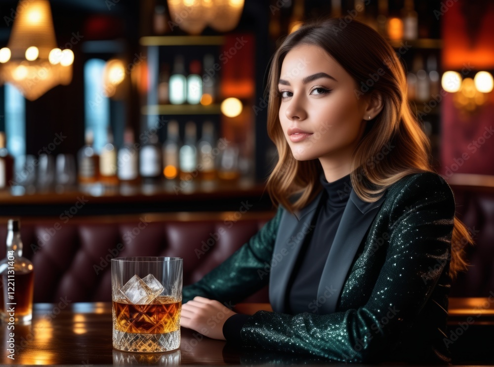 Elegant woman sitting at a bar with an ice-filled glass of whiskey in a stylish, dimly lit establishment Elegant woman sitting at a bar with an ice-filled glass of whiskey in a stylish, dimly lit establishment