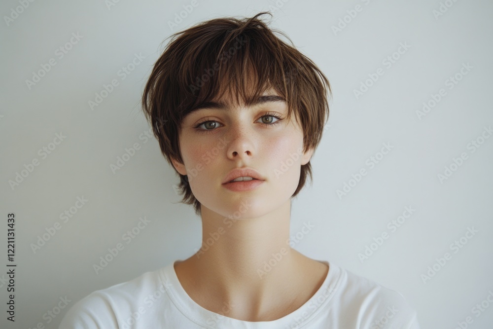 A captivating portrait of a young woman with short hairstyles, posing against a minimalistic background that emphasizes her natural beauty and expressive gaze. A captivating portrait of a young woman with short hairstyles, posing against a minimalistic background that emphasizes her natural beauty and expressive gaze.