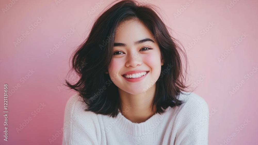 Happy Young Woman Smiling Against Pink Background Happy Young Woman Smiling Against Pink Background