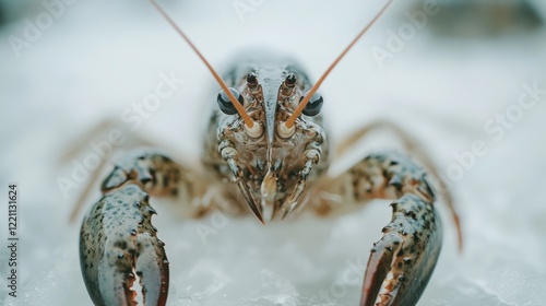 Close-up of a freshwater crab on ice, showcasing its detailed features and natural habitat photo