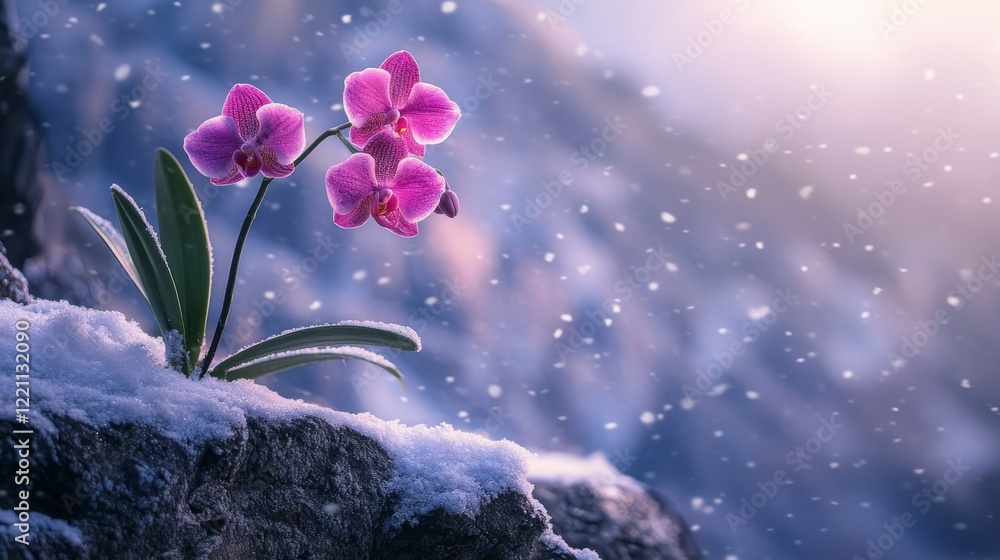 Obraz premium A pink orchid blooming between the rocks on a cliff in winter. Lush flower in heavy snow background.