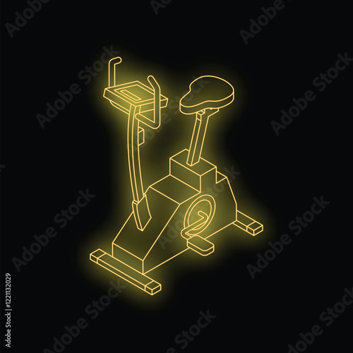 Neon stationary bike glowing yellow on a black background, representing fitness, health, and exercise