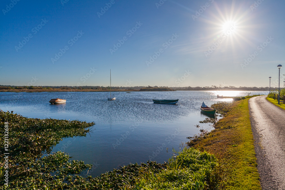 Several small boats rest on a calm lake under a bright blue sky Several small boats rest on a calm lake under a bright blue sky