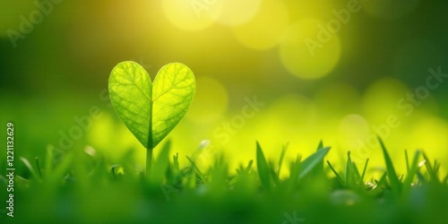 Heart-shaped leaf seedling emerging from vibrant green grass bathed in sunlight, symbolizing new life and growth