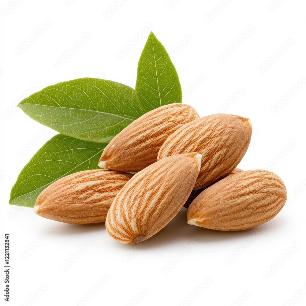 Almonds with green leaves on white background healthy snack nutritious food natural ingredients organic produce Almonds with green leaves on white background healthy snack nutritious food natural ingredients organic produce