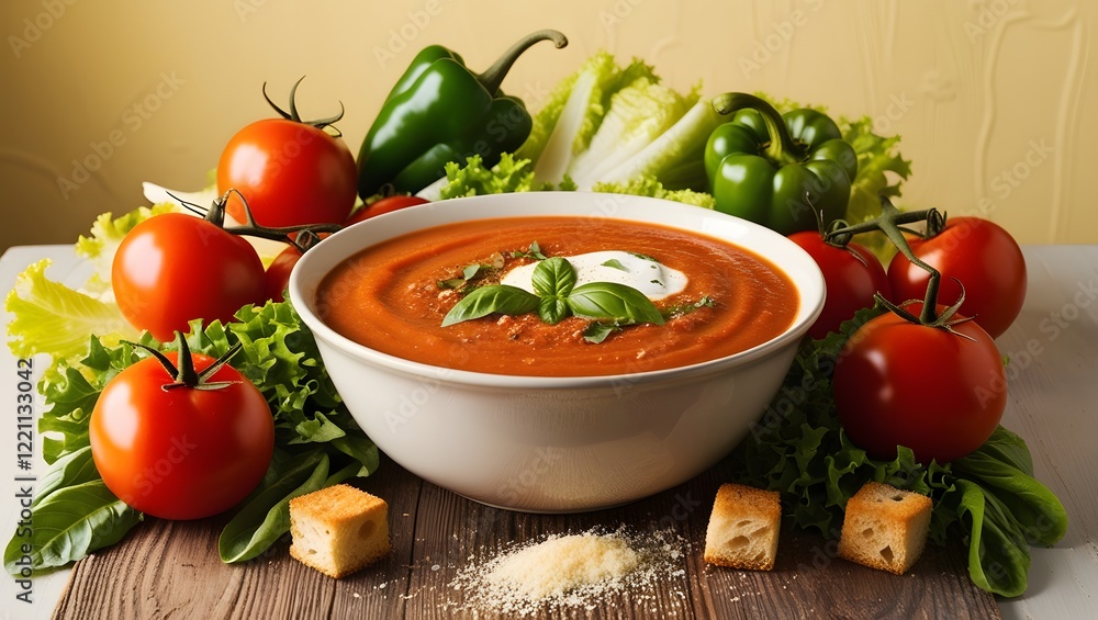 A bowl of tomato soup surrounded by tomatoes, peppers, and other vegetables. A bowl of tomato soup surrounded by tomatoes, peppers, and other vegetables.