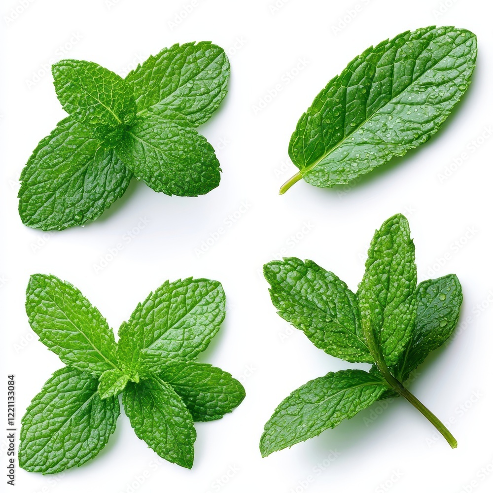 Fresh mint leaves on white background for culinary aromatic and decorative uses in food and drink presentation Fresh mint leaves on white background for culinary aromatic and decorative uses in food and drink presentation