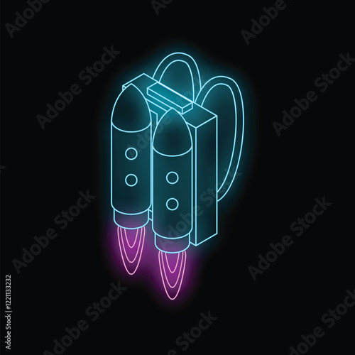 Neon blue and pink jetpack flying with rocket boosters, concept of innovation and future technology