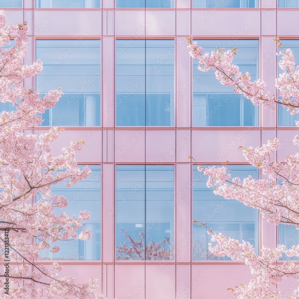 Cherry blossoms in front of a modern office building with windows Cherry blossoms in front of a modern office building with windows