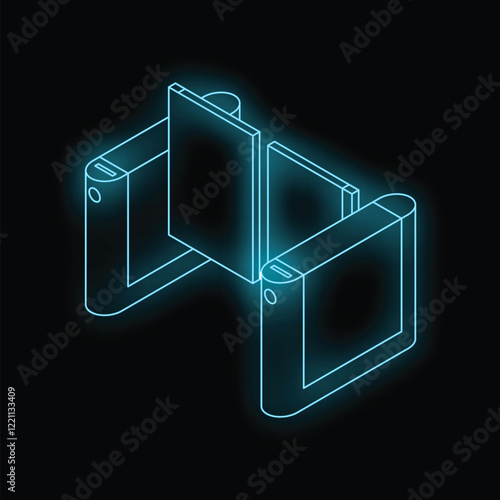 Futuristic turnstile gate access control system with glowing neon effect on dark background