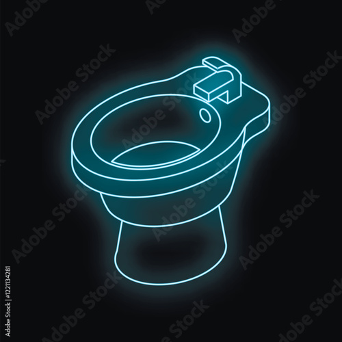 Glowing neon bidet on a dark background, representing modern bathroom fixtures and hygiene practices
