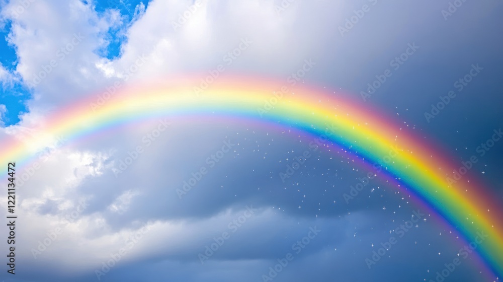 A vibrant rainbow arches across a cloudy sky A vibrant rainbow arches across a cloudy sky