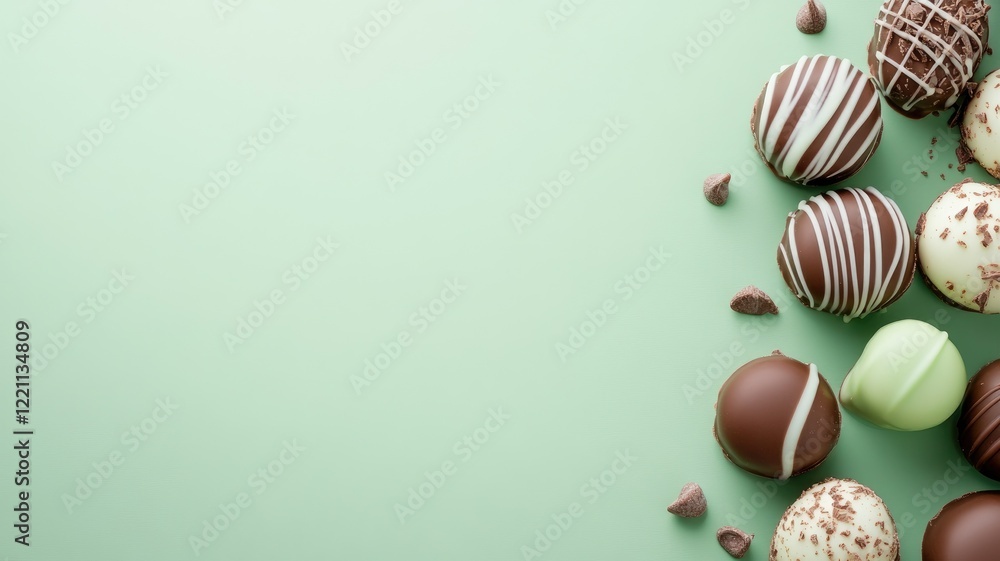 Fototapeta premium Assorted chocolate truffles on green background